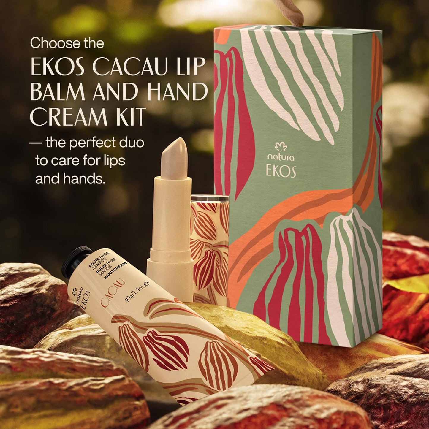 natura Ekos Cacau Hand Cream and Lip Balm Kit - Collagen Boosting Hand Cream & Moisturizing Lip Balm - Vegan - Brazilian Beauty Secrets - Self Care