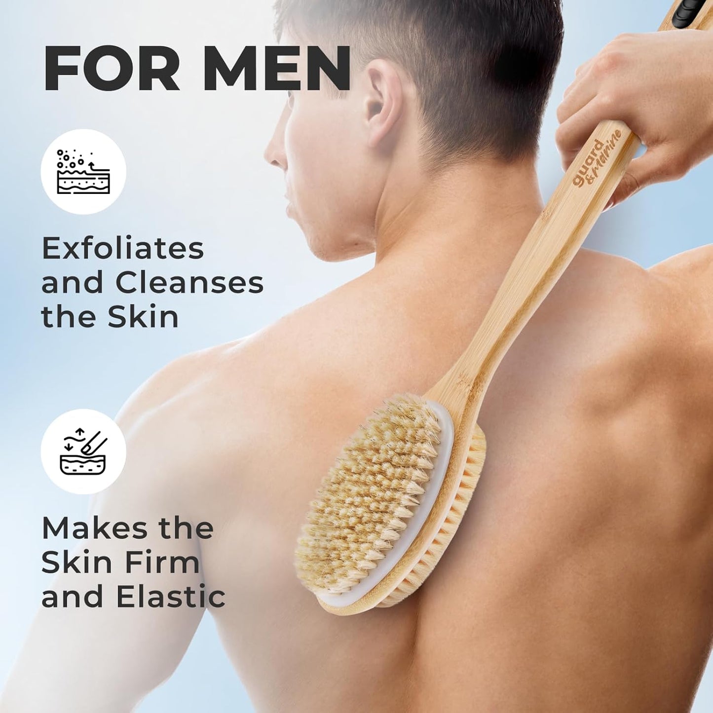 GUARD&MARINE Back Brush for Shower & Bath with Long Handle - Wooden Back Washer for Men & Women, Double-Sided Back & Body Scrubber & Scratcher, Perfect for Dry Massage & Showering for Adults & Seniors