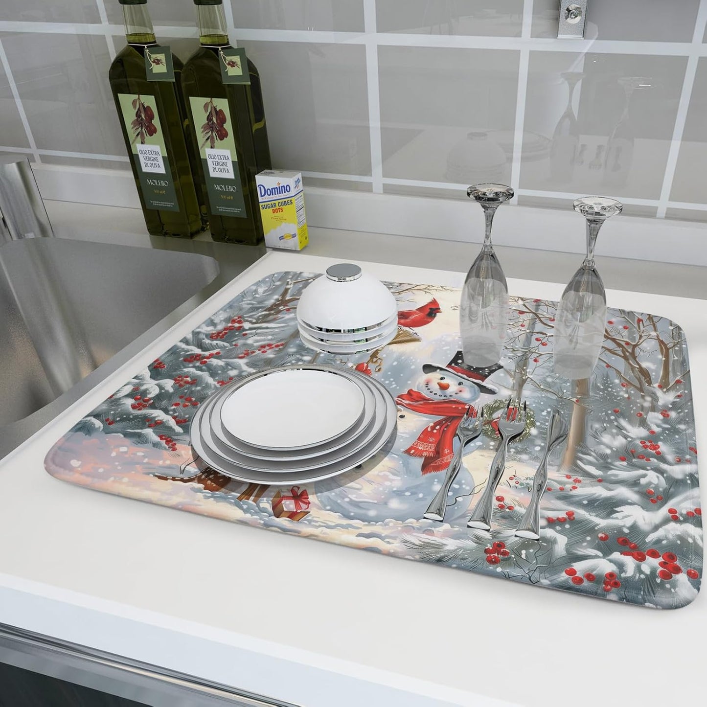 Winter Snowman Dish Drying Mat for Kitchen Counter Red Bird Berry Dishes Drainer Mats Holiday Microfiber Absorbent Dish Rack Pad 18x24 Inch