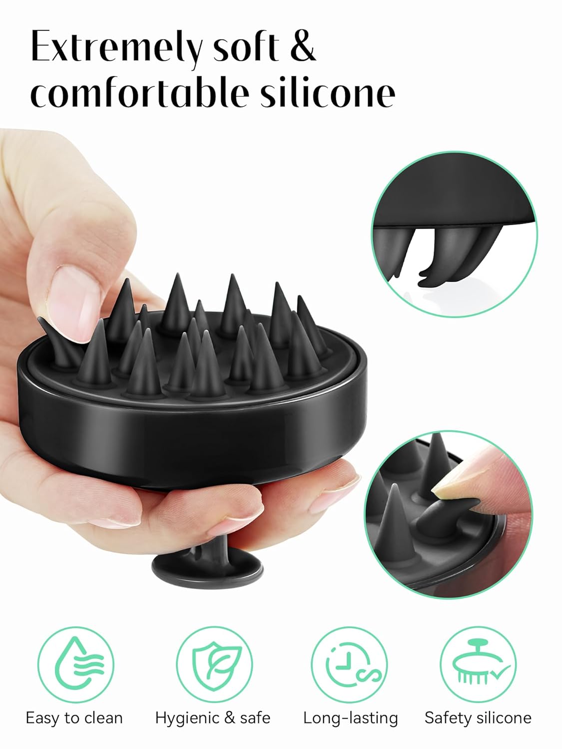 HEETA Scalp Massager Hair Growth, Soft Silicone Scalp Scrubber Shampoo Brush for Exfoliation, Dandruff Removal Head Massage Stress Relax, Wet & Dry Use for Thick Thin Curly Hair Care, Whole Black