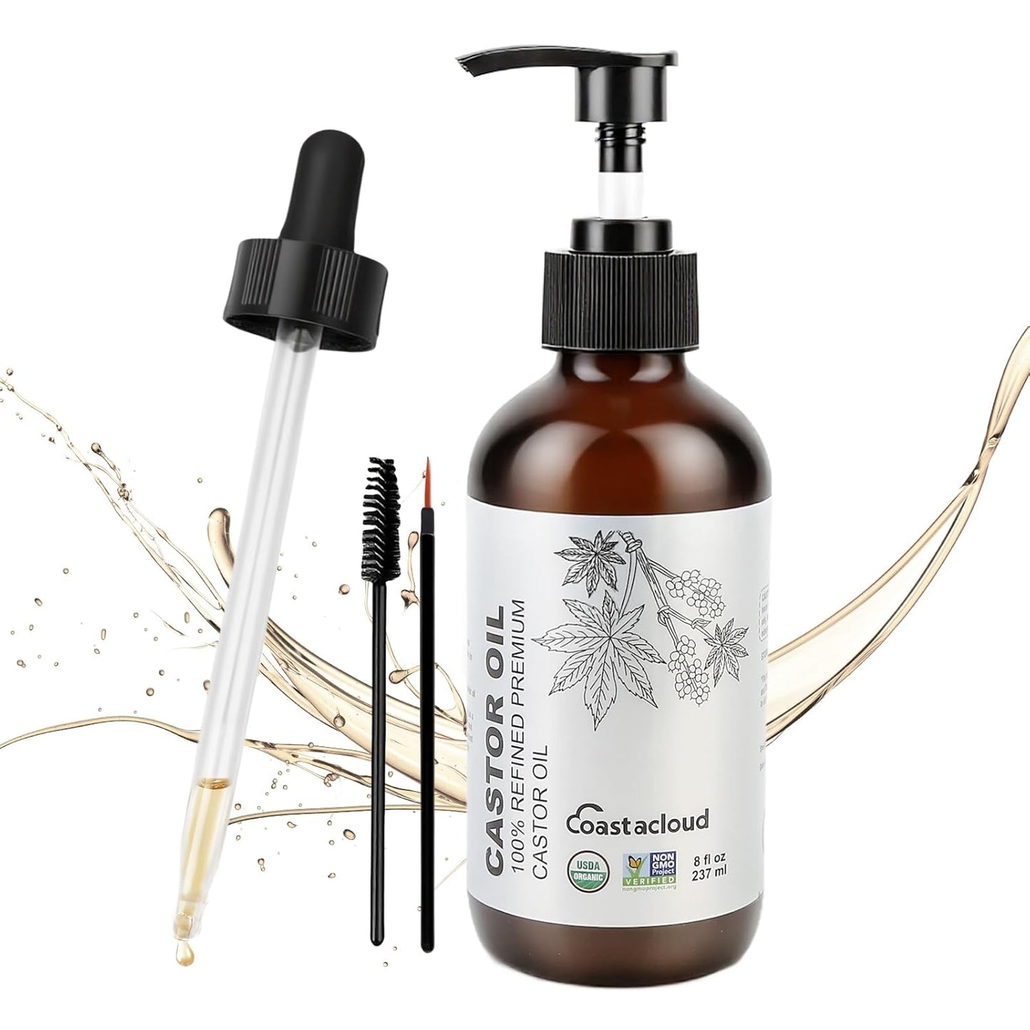 Organic Castor Oil 8oz for Hair Growth Skin Moisturizer, 100% Pure Hexane-Free Eyebrow Eyelash Growth Serum, with 10PCS Castor Oil Patches for Belly Button, Glass Bottle with Pump Dropper