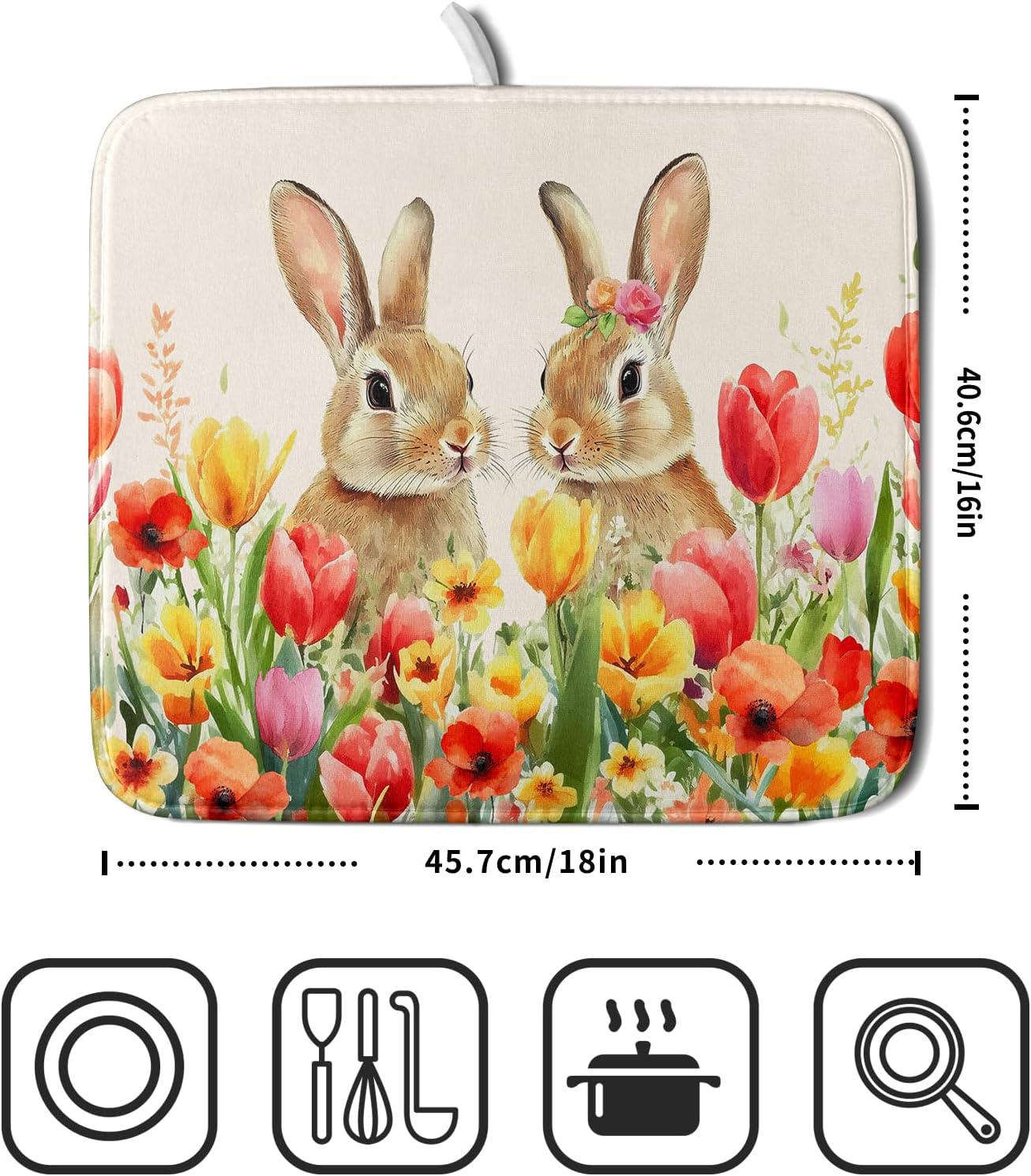 Easter Bunny Dish Drying Mat 16x18 inch Spring Floral Drying Pad Holiday Absorbent Microfiber Dishes Drainer Protector for Kitchen Counter