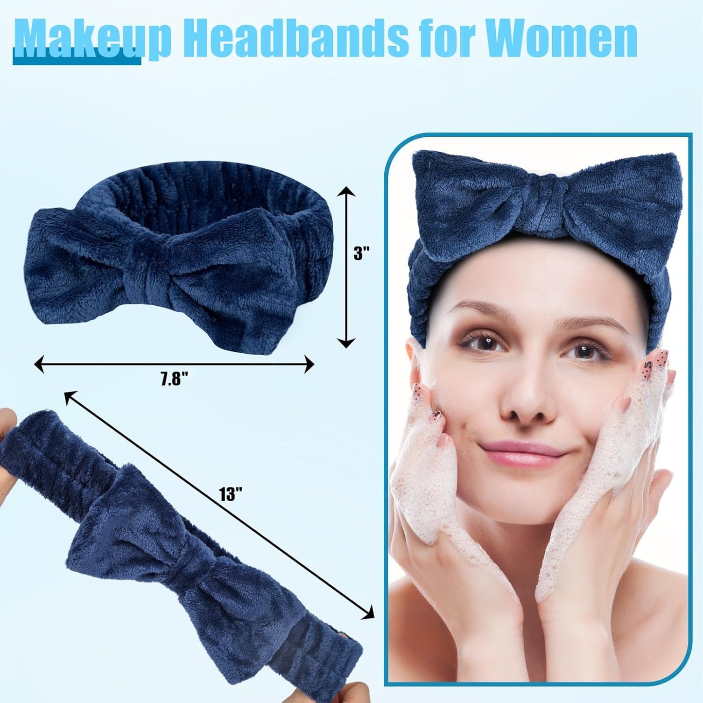 Shindel Spa Bow Headband - 6 Pack Cute Fuzzy Skin Care Headbands for Teen Girls' Face Washing & Shower - Blue