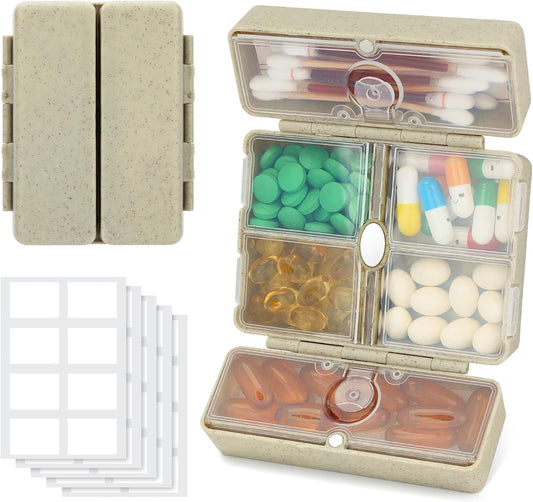 Zentiky Small Daily Pill Organizer with Labels, Medicine Pill Organizer Fit with Your Purse or Pocket for Travel to Hold Vitamin, Fish Oil, Supplement,Cotton Swabs, Bandages or Jewelry-Khaki