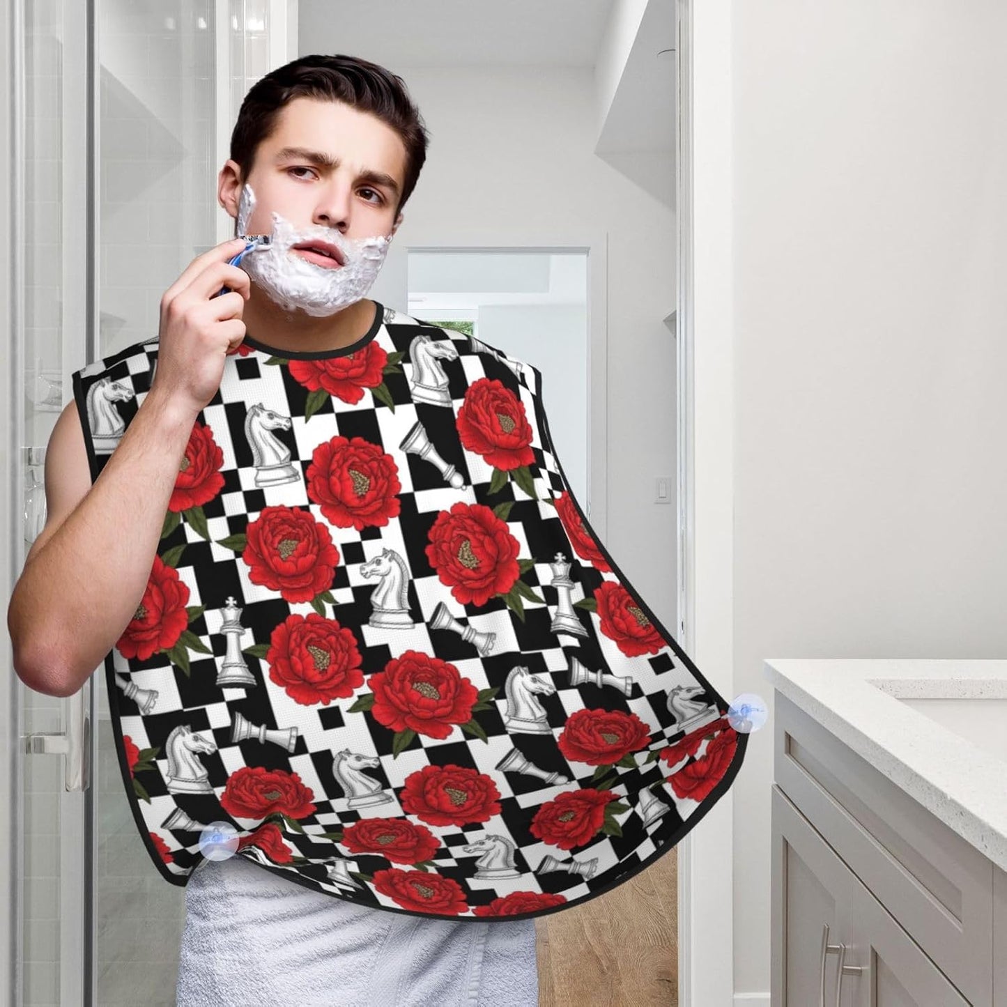 Beard Hair Catcher for Men, Waterproof Shaving Bib Apron Non-Stick, Trimming Tool for Dad Husband, Red Peony Flowers Black White Chess Checkered Horse Floral Shave Bib