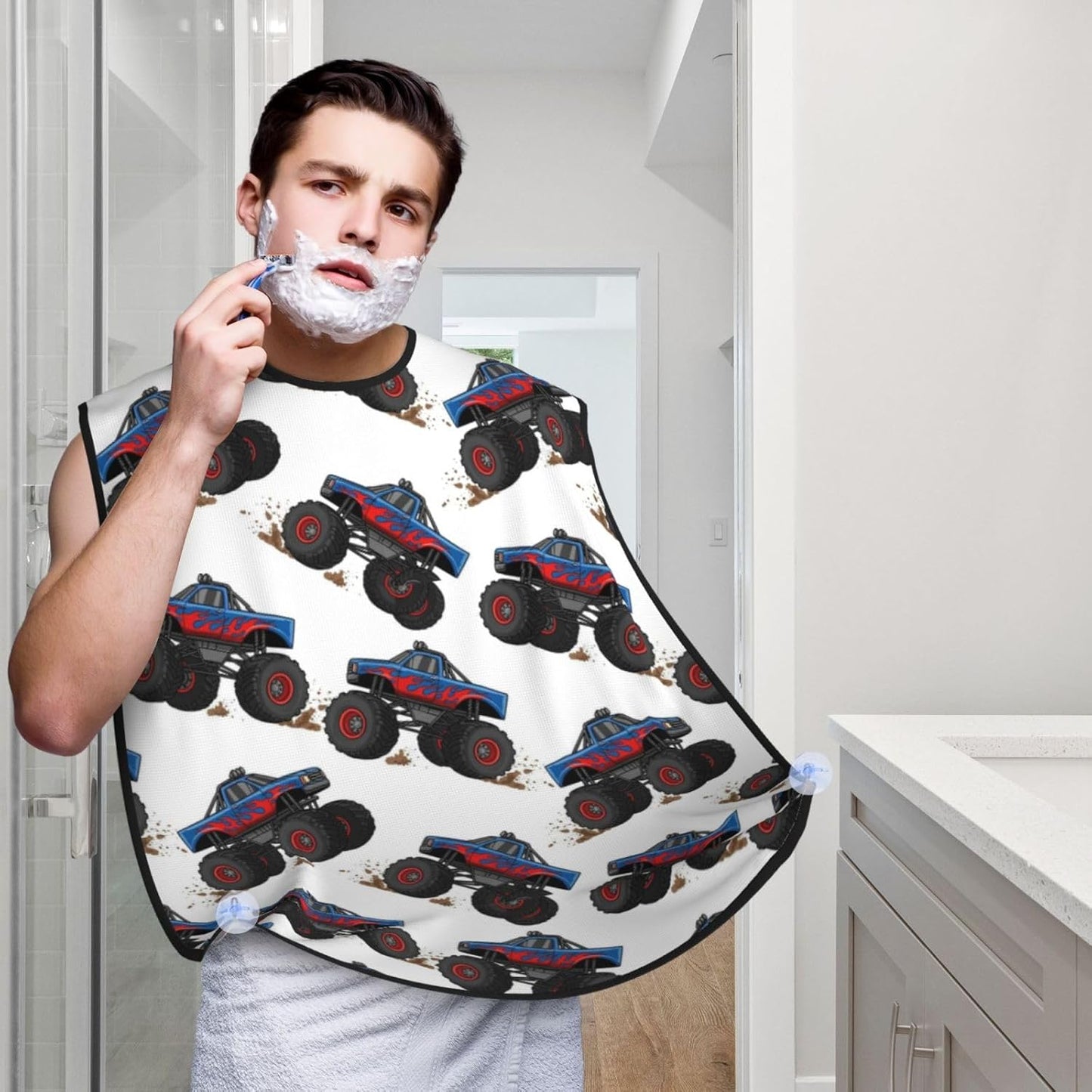 Beard Grooming Cape, Waterproof Hair Catcher for Shaving Trimming, Non-Stick Bib Apron Gifts for Dad Men, Red Blue Car Cartoon Truck Monster Shave Bib