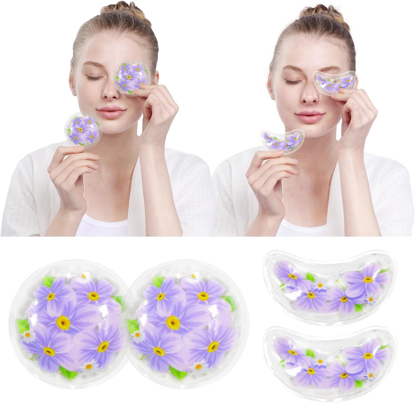 4PCS Gel Eye Ice Pack Set, Cold & Hot Compress, Reusable Cooling Gel Pads for Strain Relief, Swelling, Dark Circles, Redness, Puffy Eyes, Surgery Recovery(4 Purple flowers)