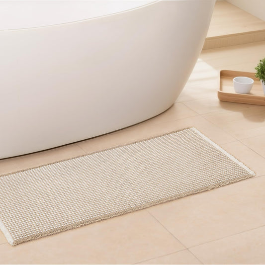 Waffle Bath Mat - Boho Bathroom Rugs Non Slip Washable, Super Absorbent & Quick Dry, Soft Bath Mat Farmhouse Bathroom Decor, 24'' x 48'', Khaki and White