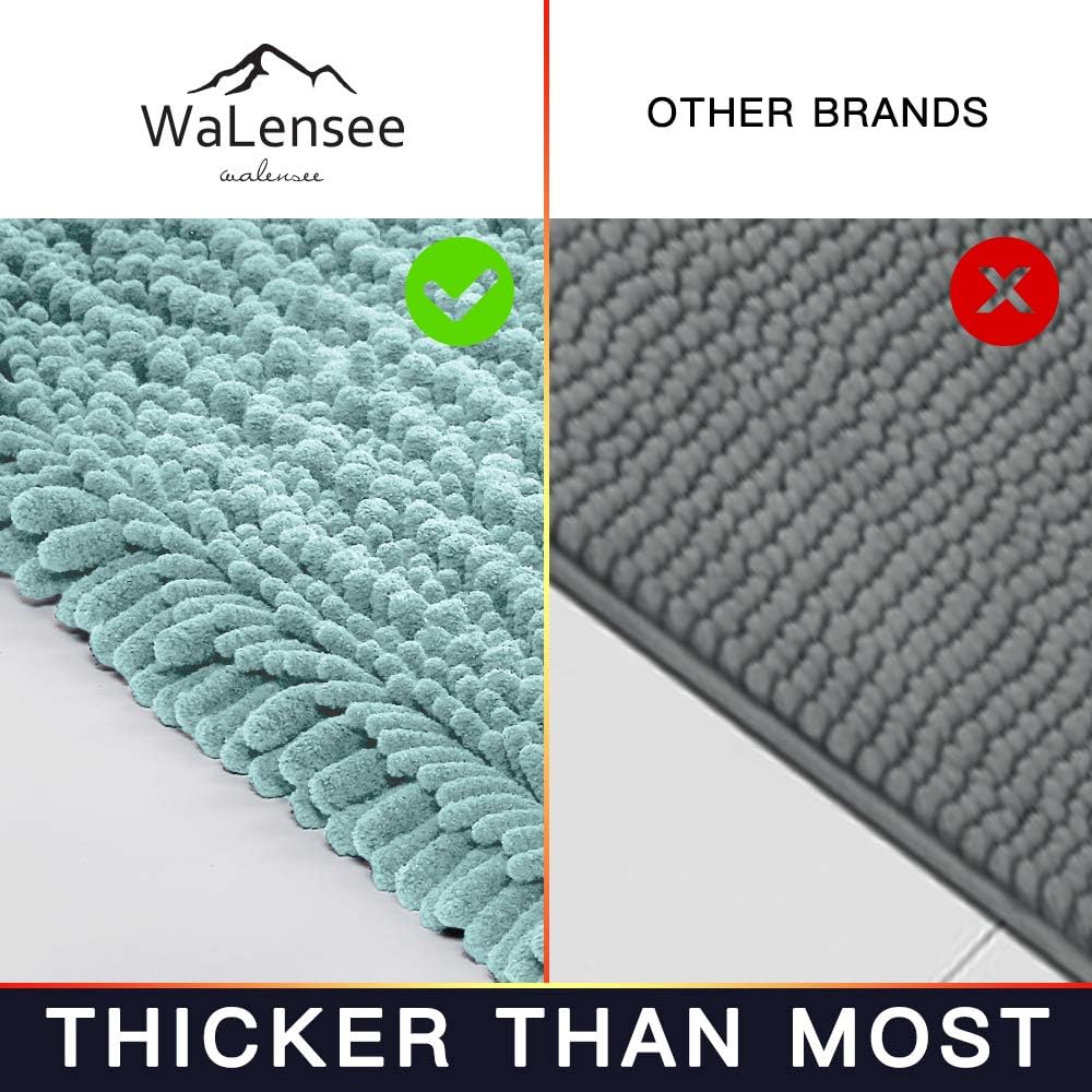 Walensee Bathroom Rug 2 Pieces Set Non Slip Bath Mat (17x24 Plus 20x32 Inch spa Blue) Water Absorbent Super Soft Shaggy Chenille Machine Washable Dry Extra Thick Perfect Carpet for Shower Floor