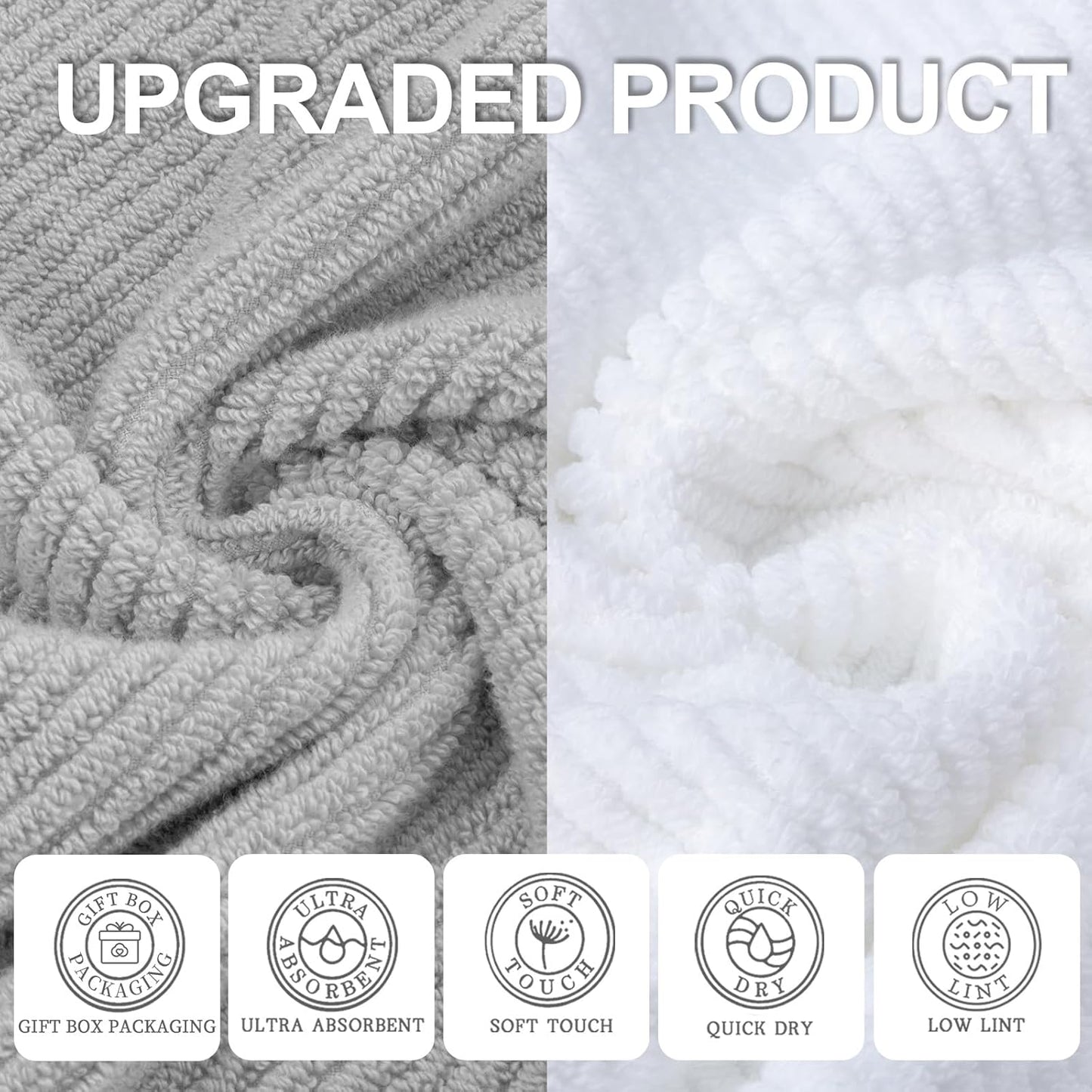 VOOVA & MOVAS Bathroom Towel Set - 100% Cotton | Soft | Quick Dry, Towel Set of 6, 2 Large Bath Towels 30"x56", 2 Hand Towels 18"x28", 2 Washcloths 13"x13", Bathroom Essentials, Grey and White