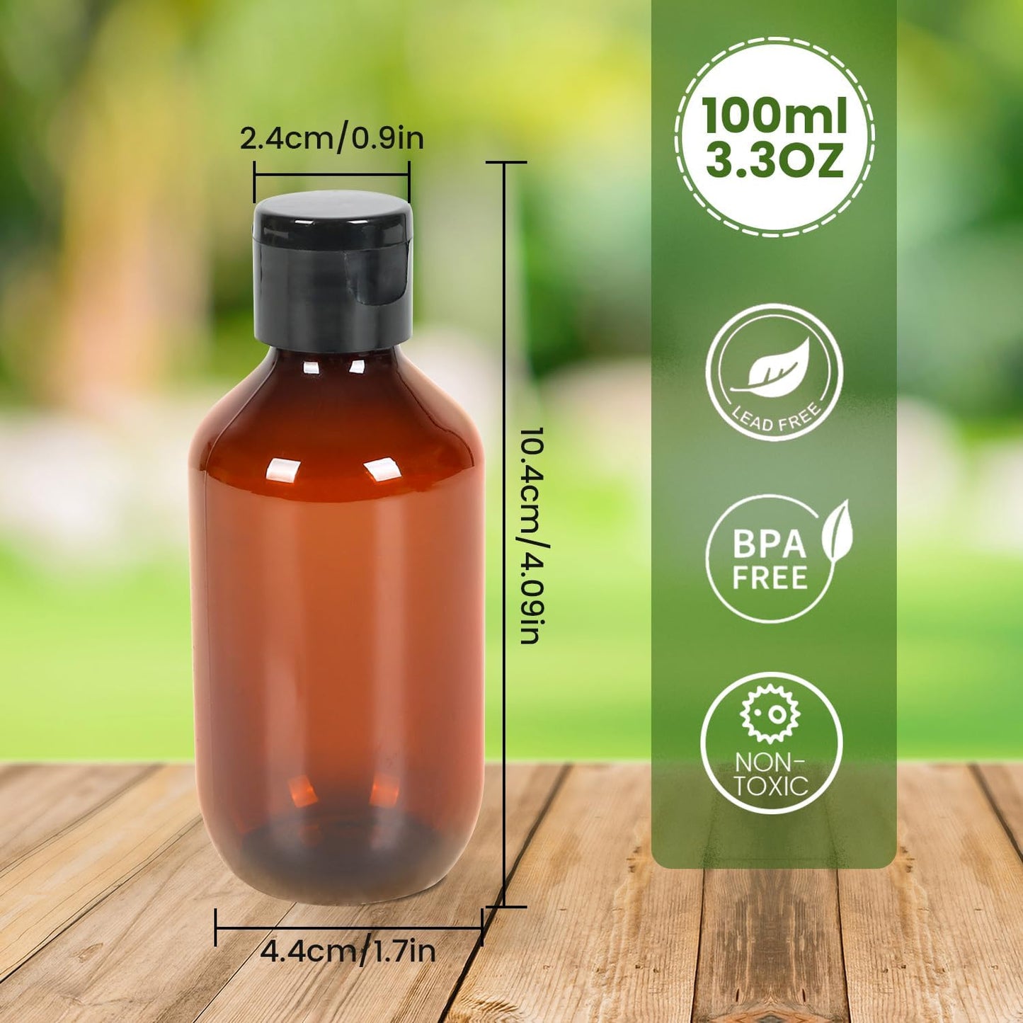 TRENDBOX Travel Size Amber Bottles with Flip Cap - 6 Pack 3.4oz Leak Proof Dispenser Containers for Toiletries, Essential Oils & Shampoo - Set of Small Empty Plastic Bottles