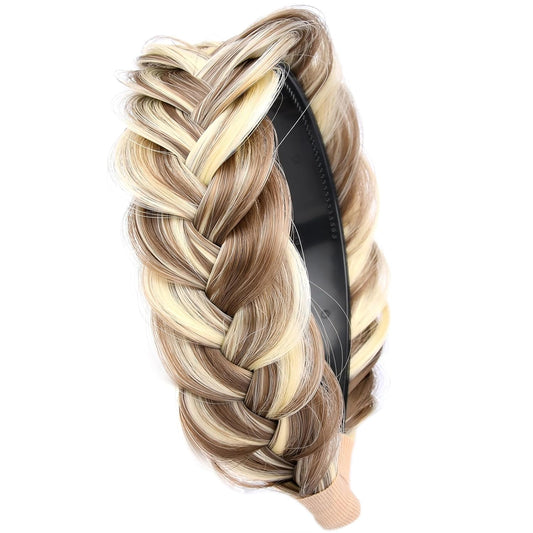 DIGUAN Wide Messy Braided Headband With Teeth Synthetic Hair Plaited Headband High Elasticity Braids Chunky Fishtail Braided Hair Band Hairpiece for Girls Wome (Light Highlighted)