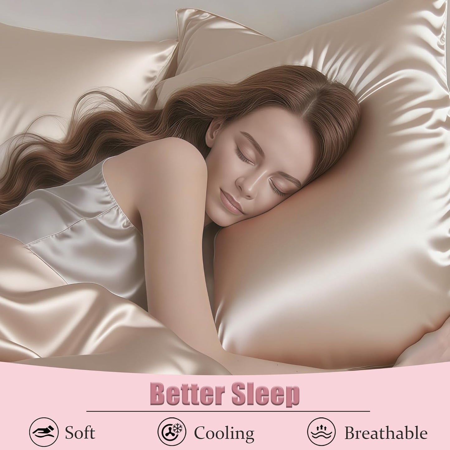 Mulberry Silk Pillow Cases with Zipper, Ultra Smooth Soft Breathable Cooling Pillow Cases for Hot Sleepers, Silk Satin Pillowcase for Hair and Skin, Gifts for Women (Champagne, Standard Size, 1 Pack)