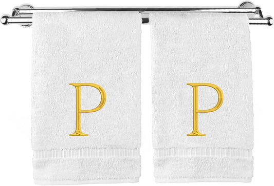 Monogrammed Hand Towel, Personalized Initial Gift, Extra Absorbent 100% Turkish Cotton - Soft Terry Finish - Set of 2 - Gold Block Initial P - Embroidered on White Towels
