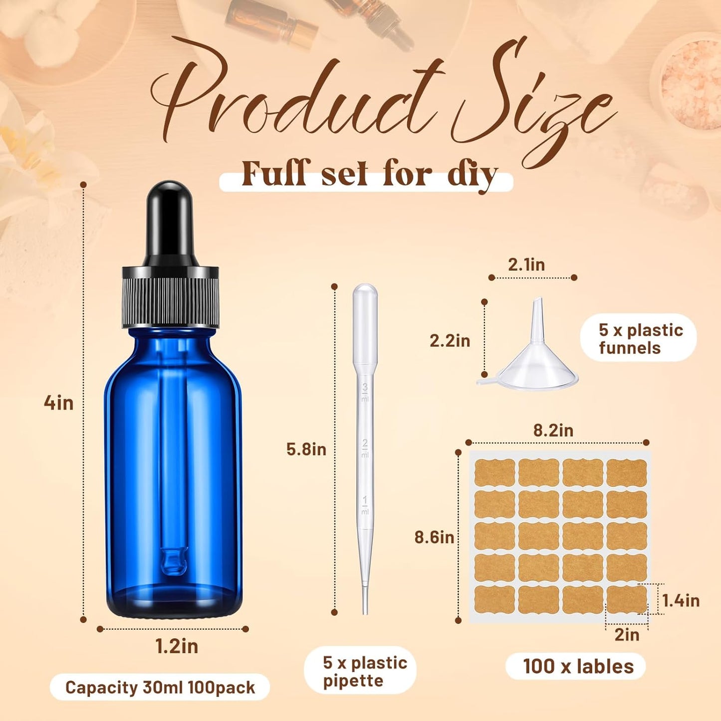 Lallisa 100 Pack Essential Oil Dropper Bottle 30 ml (1 Oz) Glass Dropper Bottles DIY for DIY Essential Oil Perfume with 5 Funnels 5 Pipettes 3ml 100 Labels for Bathrooms, Hotels, Labs (Blue)