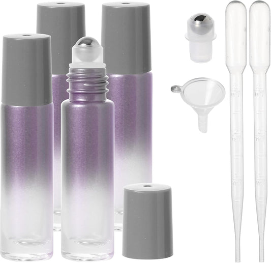 Essential Oil Roller Bottles, 10ml Thick Glass Perfume Roller Bottles with Funnel Opener and Dropper Colored Glass Empty Bottles with Stainless Steel Roller Balls (Grey, 4 Pack)