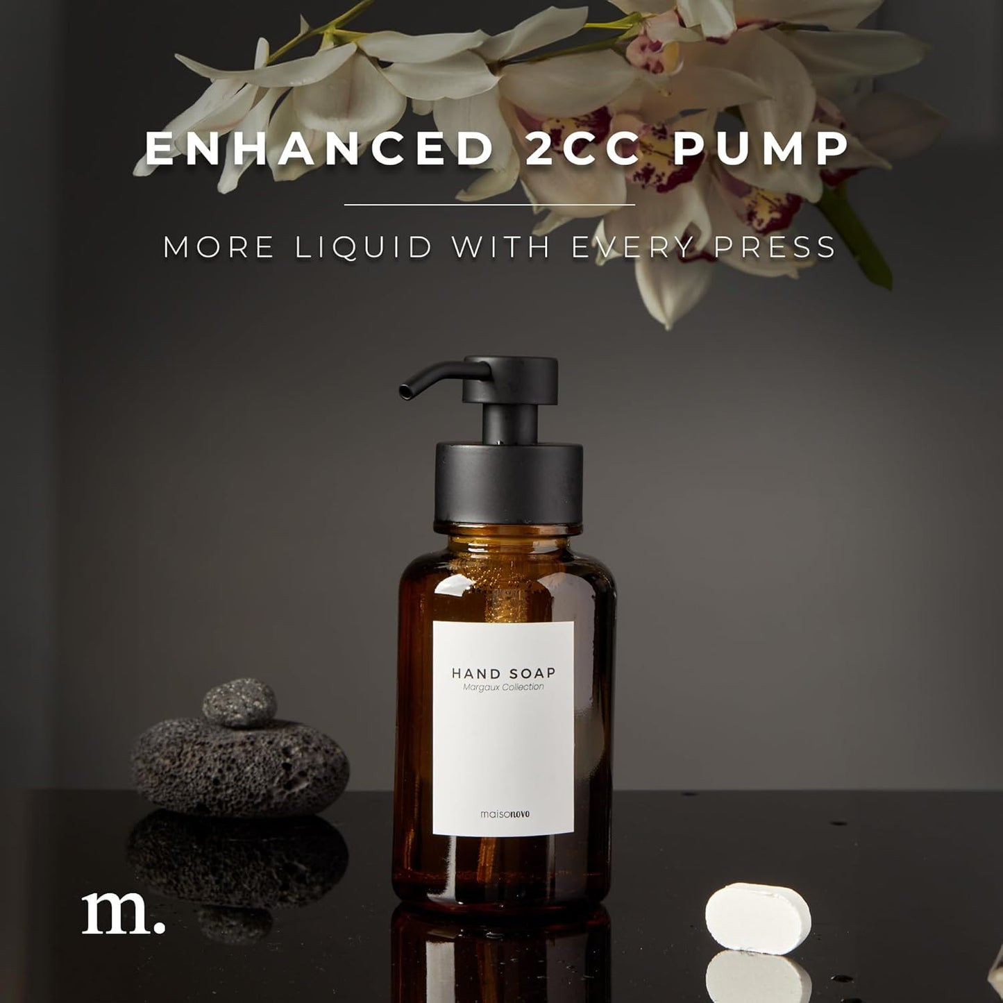 MaisoNovo Glass Foaming Soap Dispenser 14 Oz | Amber Glass Black Pumps x 2