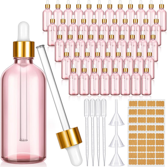 Lallisa 48 Pcs Glass Dropper Bottles with Eye Dropper Dispensers Lab Dropping Bottles with 4 Pcs Long Pipettes 4 Funnel and 80 Label for Travel Cuticle Massage Essential Oils Perfume (Pink,4 oz)