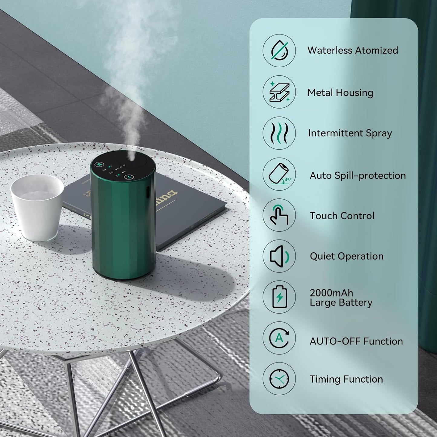 Waterless Essential Oil Diffuser Aromatherapy Scent Diffusers for Home Large Room, Bedroom, Car, Office, Desk, Battery Operated Mini Portable Air Freshener (Green)