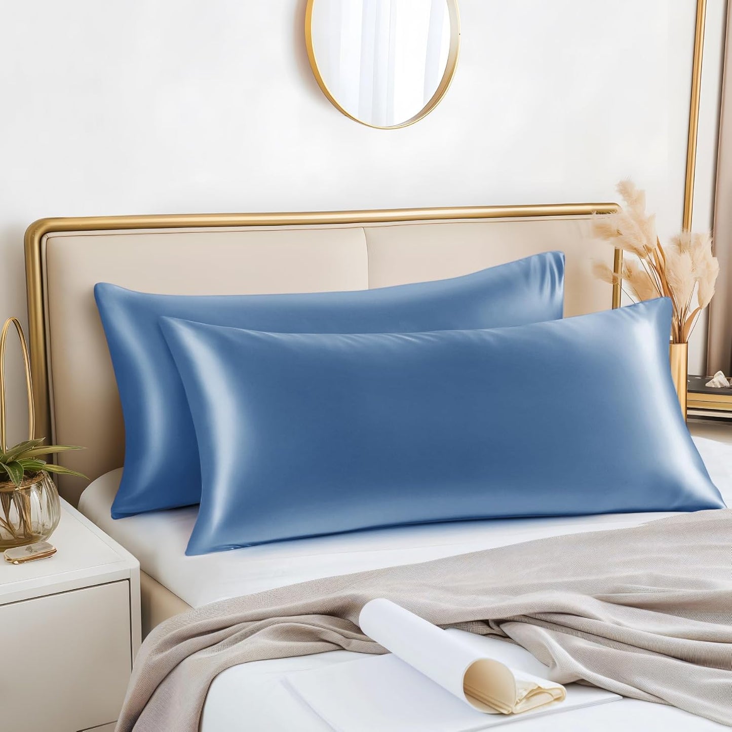 BEDELITE Satin Body Pillow Cover 2 Pack, Super Soft and Cooling Body Pillow Pillowcase for Hair and Skin, Breathable Silky Full Long Pillowcase Cover(20"x54", Airy Blue)