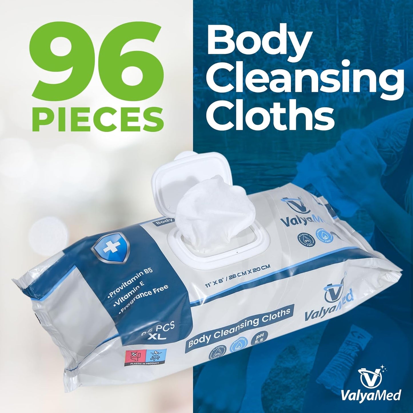 XL Body Wipes for Adults, Elderly - Alcohol-Free Incontinence Wipes, Paraben Free, Fragrance-Free, With Vitamin E, Provitamin B5 - 11'' x 8'' (96 Count - 4 Pack)