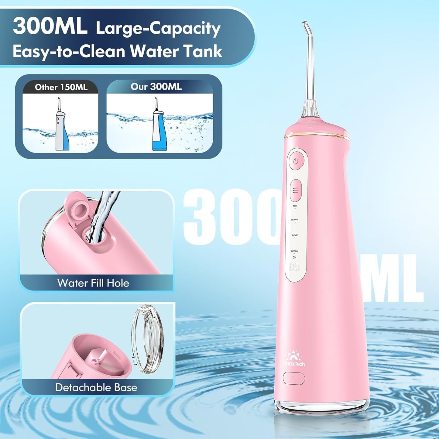 Water Flosser for Teeth, Cordless Oral Irrigator Portable Dental Cleaner Picks with 8 DIY Modes 7 Jets 300ml Tank Braces Flossers Rechargeable (Pink)
