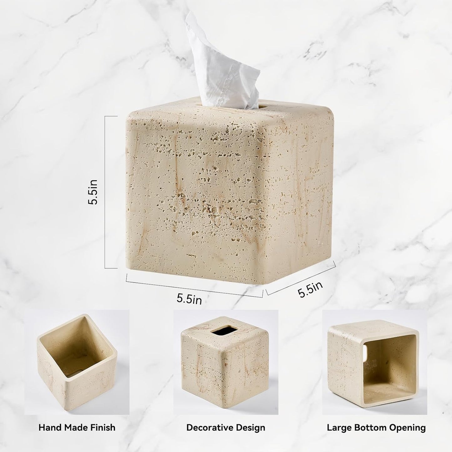 Natural Travertine Textures Tissue Box Cover Square for Home Decor,Resin Heavy Tissue Box Holder for Bathroom Countertop,Tabletop,Bedside Table,Office (Handmade of Resin)