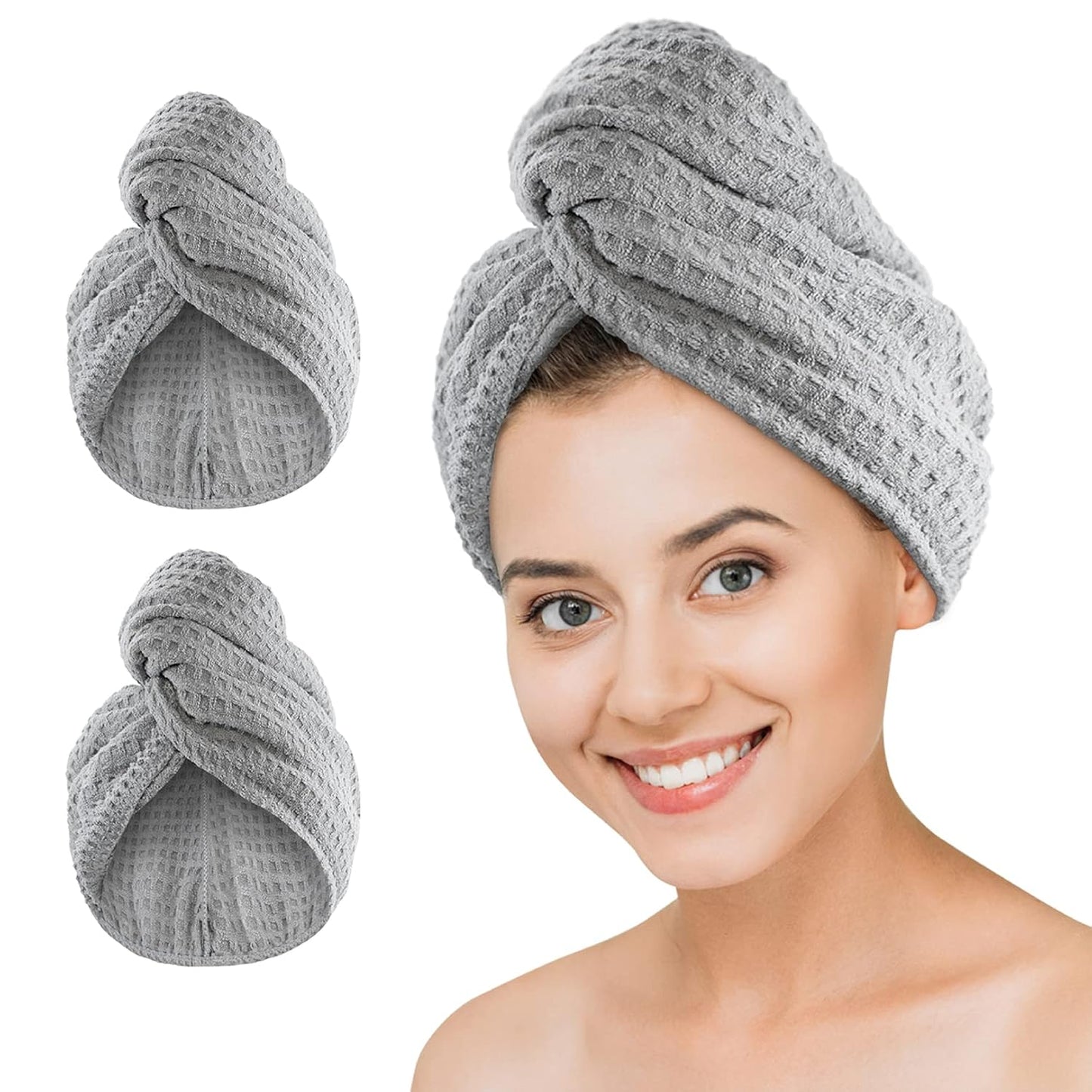 Microfiber Hair Drying Towel - 2Packs Waffle Long Hair Head Turban Wraps Terry Cloth Fast Absorbent Dry Anti Frizz Twist Plopping Curly Shower Turban for Women Wet Hair (Gray)