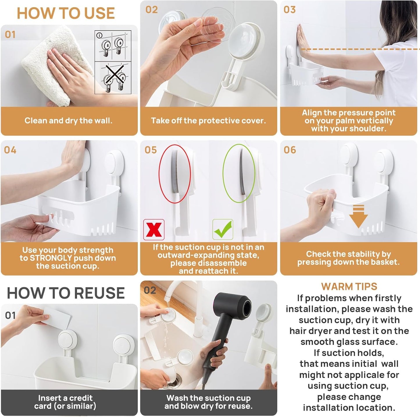 LEVERLOC Shower Caddy Suction Cup 2 Pack, Shower Organizer Removable Bathroom Shelf, Storage Suction Powerful Max Hold 22lbs Bathroom Caddy Waterproof Holder, White