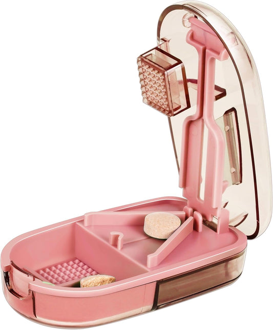 Pill Cutter Splitter for Small and Tiny Pills, or Large Pills. V-Shaped Design for Multiple Sizes. Safety Blade Guard. Loss-Proof Built-in Small Brush & Sliding Door Pill Storage (Rouge)