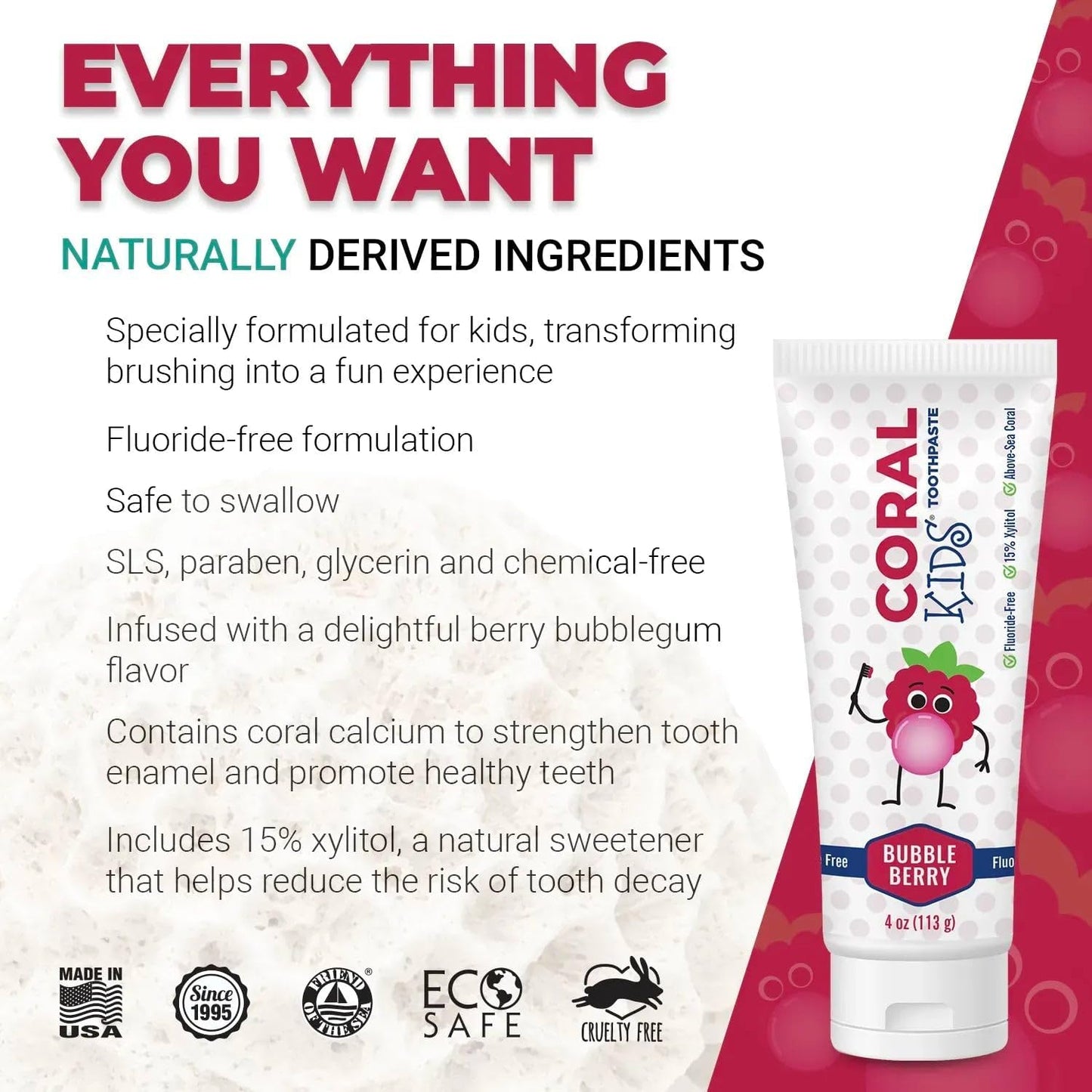 Coral White Kids Bubble Berry Fluoride Free Toothpaste - 4 Ounces (2 Pack)