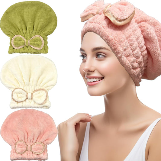 Jseng 3Packs Microfiber Hair Towel for Women - Quick-Drying, Super Absorbent Hair Wrap with Bow Design, Soft Hair Towel Turban for Curly Long Wet Hair