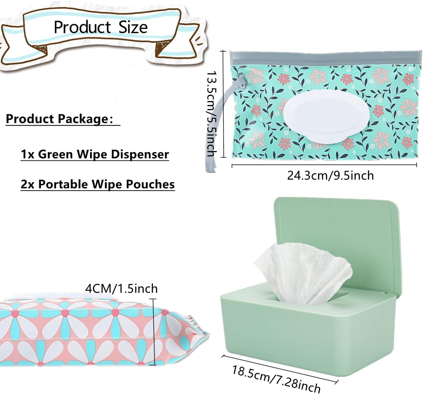 Wipes Dispenser with 2Pcs Portable Refillable Wipe Holder,Reusable Large Wipe Holder Box Flushable Wipes Case Bathroom Wipes Container for Pet Nursery Kitchen Office Counter(Green)