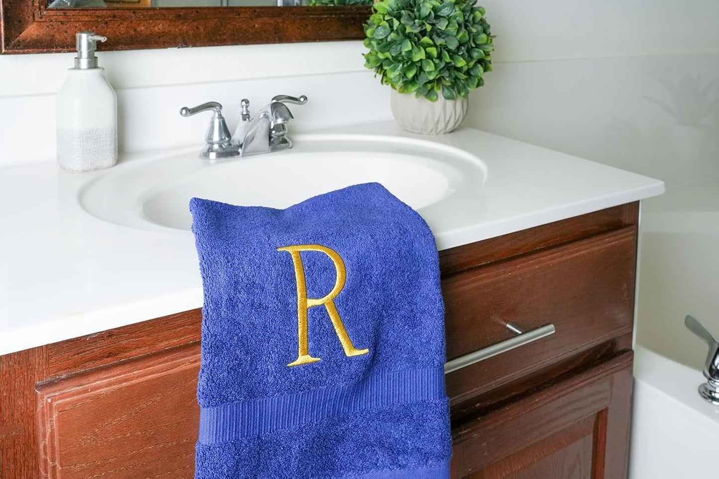 Gold and Navy Monogrammed Hand Towel - Monogram Initial Hotel Quality Decorative Embroidered Luxury Towel for Powder Room, Spa - GOTS Organic Certified - Pack of 2, Letter R