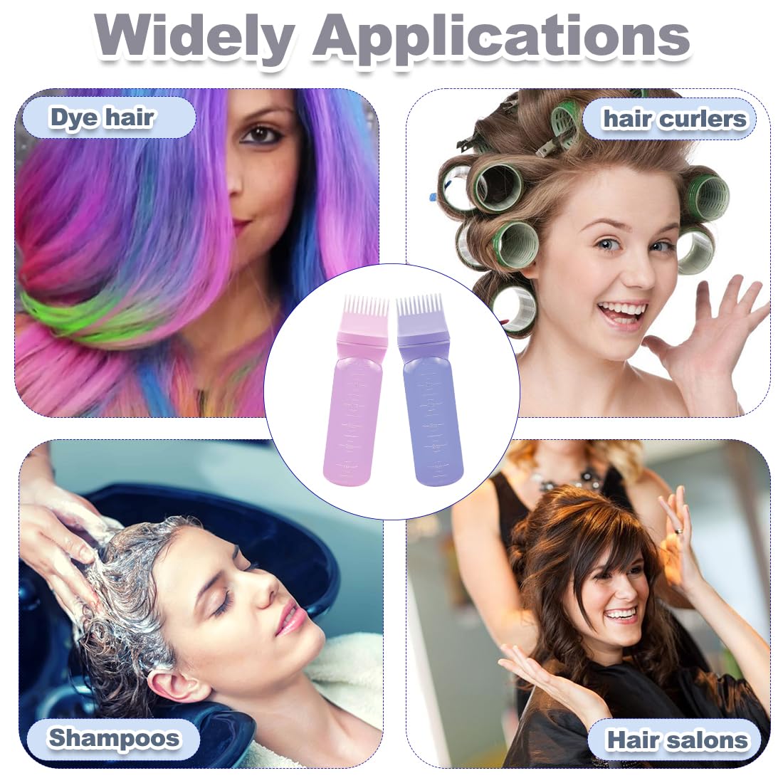 ELANE 4 Pcs Root Comb Applicator Bottle 6oz,Hair Oil Applicator Bottle for Hair,Oil Comb Applicator Hair Bottle Applicator for Hair Dye Shampoos Hair Salons Camping Traveling(purple+pink)