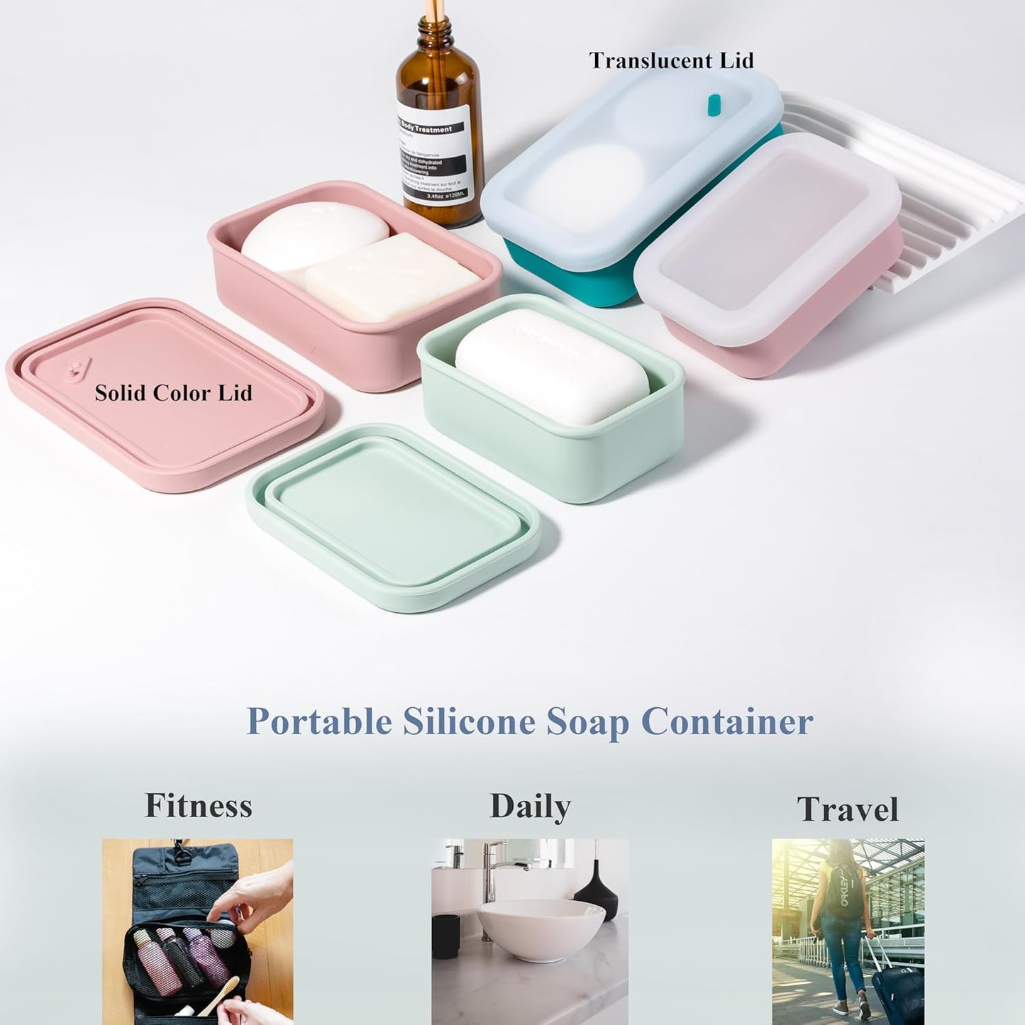 MtBoi 2PC Portable Leakproof Travel Soap Case, Silicone Soap Container, Compact Travel Holder with Drainage Layer, Camping, Gym, Outdoor Pink&MintGreen