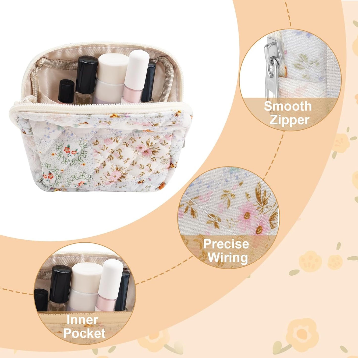 Small Quilted Cotton Makeup Bag for Purse Mini Cosmetic Period Bag for Women Cute Mixed Flower Makeup Sanitary Pouch Portable Travel Toiletry Bags with Zipper Slip in Pockets Birthday Gifts