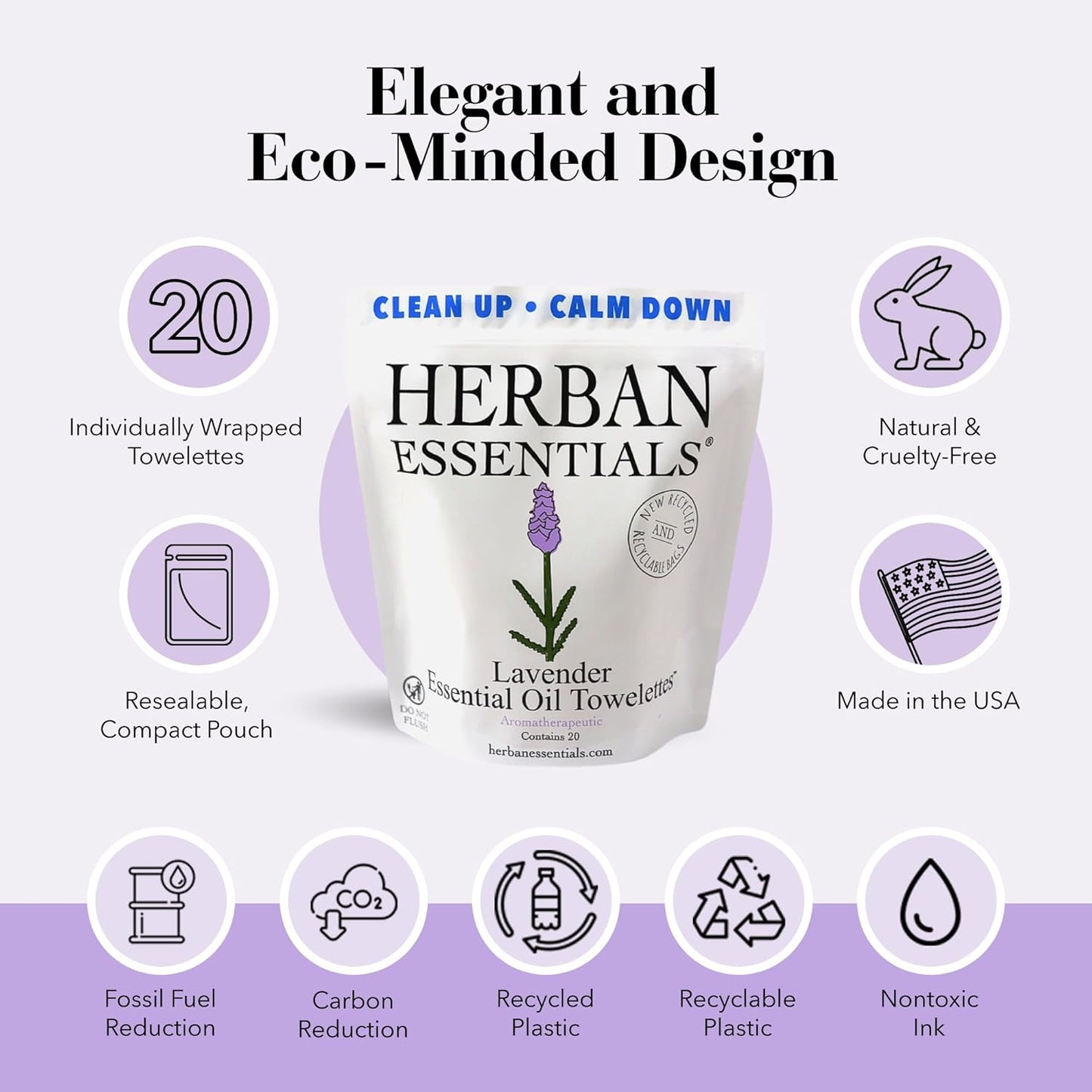 Herban Essentials - Lavender Wipes & Towelettes - Essential Oil Wipes for Make Up, Hands, Face & Body - Travel Size Essentials and Toiletries - Natural, Individually Wrapped and Disposable (20 count)