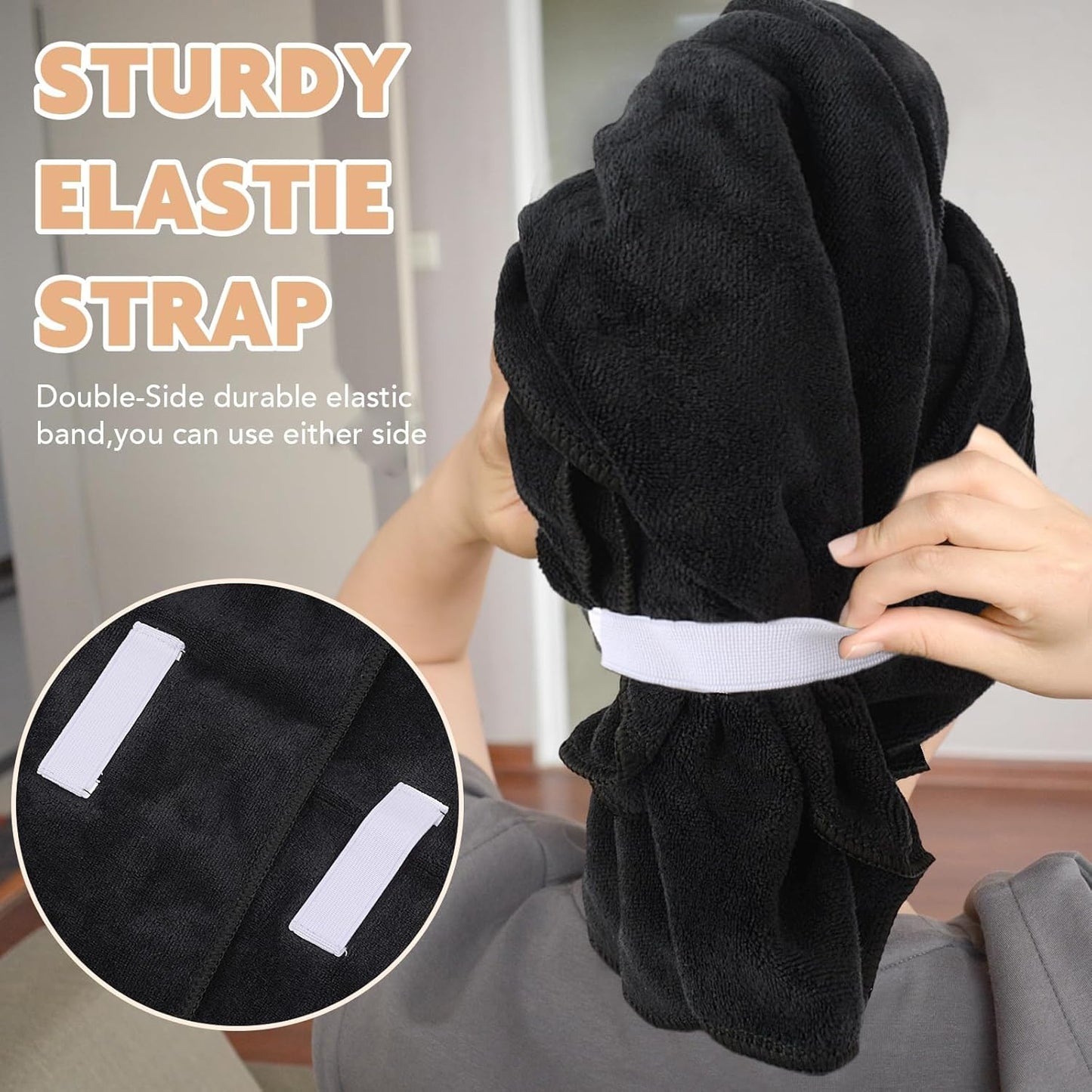 SUNLAND Microfiber Hair Towels Anti Frizz Hair Drying Towel Super Absorbent Fast Drying Turbans for Wet Curly Hair Soft Hair Towel Wrap with Elastic Band for All Hair Types 40 X 28 inches 2Pack Black