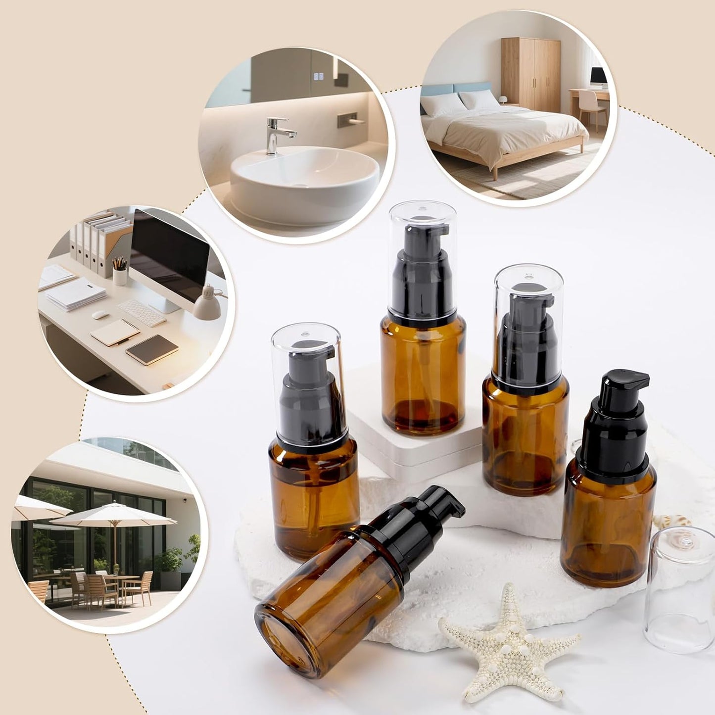 Segbeauty 1oz Refillable Lotion Bottle with Pump, Pack of 5 Frosted Travel Glass Bottles Creams Lotion Containers Foundation Bottle for Travel Size, 30ml Makeup Pump Dispenser for Toiletries Amber