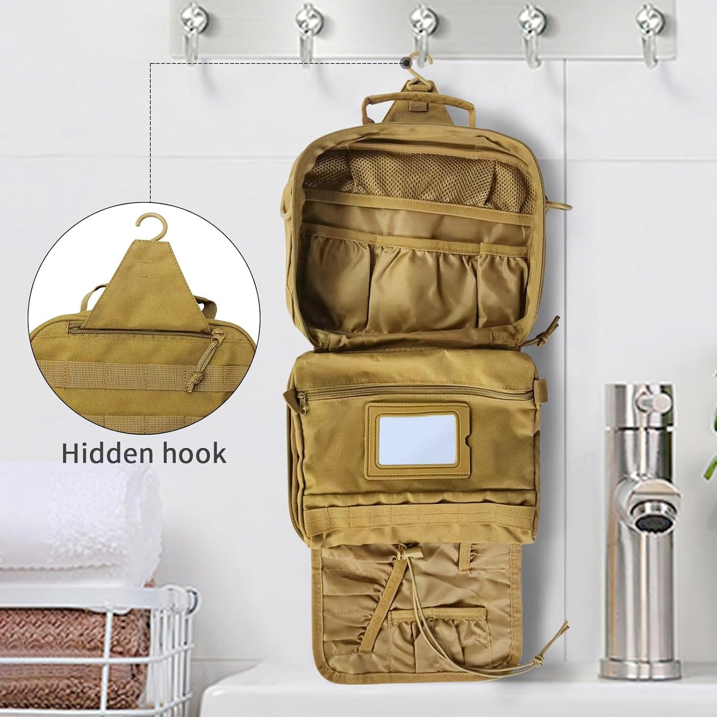 SUNRISING Tactical Toiletry Bag for Men Hanging Travel Toiletries Organizer Dopp Kit Toiletry Bags Shaving Hygiene Bag, Durable Bathroom Essentials Men's Toiletry Bag for Short Trips Camping - Khaki