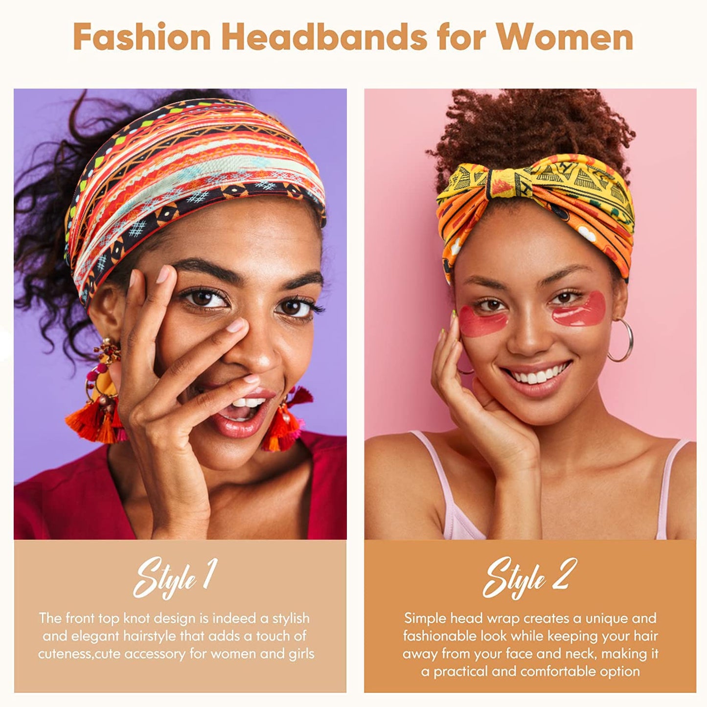 Yeshan Women's Wide Boho Knotted Non-Slip Turban Headwraps - Stretchy Bandeau Hair Bands for Sports, Yoga, Workouts, Pack of 8