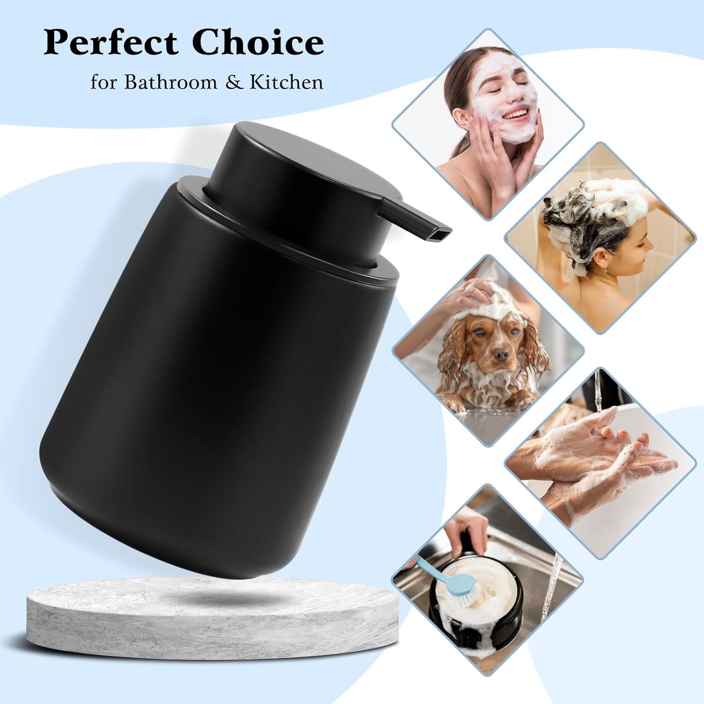 Ceramic Foam Soap Dispenser 2 Pack, 12oz Matte Black Lotion Hand Sanitizer Soap Dispenser with Easy-to-Press Pump for Bathroom & Kitchen Countertop Refillable