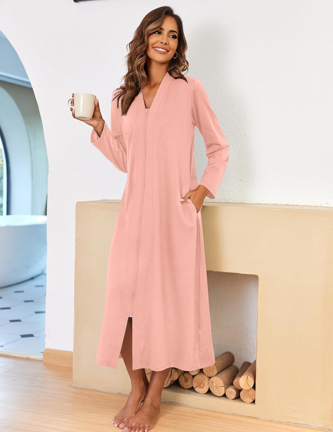 Ekouaer Women Zipper Robe Long Sleeve Loungewear Lightweight Housecoat Full Length Nightgown with Pockets