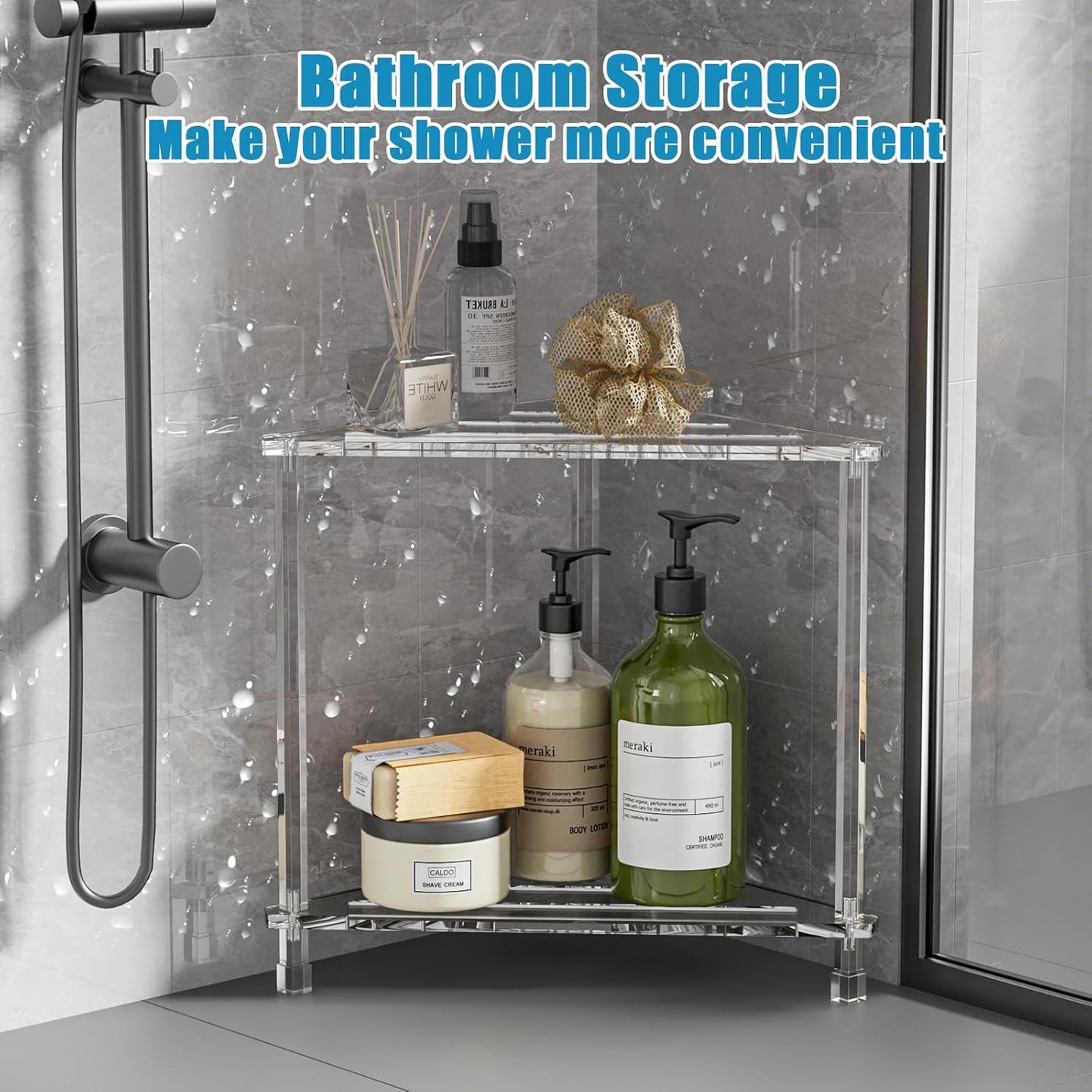 Corner Shower Stool 16in: Waterproof Small Foot Rest with Anti-Slip Feet for Shaving Legs - Acrylic Corner Shower Bench with Storage Shelf for Inside Spaces