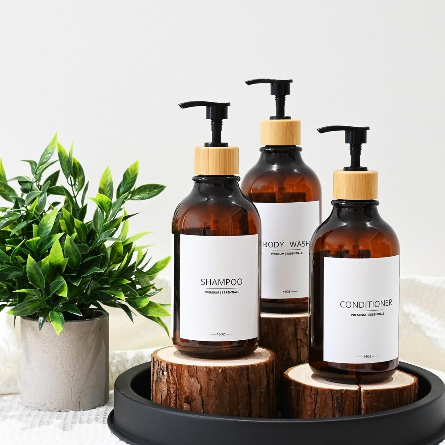 Shower Shampoo and Conditioner Bottles, Apothecary Dispenser Bamboo Pump, Refillable Bottles for Lotion Oil Hand Soap and Dish Soap, Plastic Set (3 Bottles 9 Labels) (3, Amber)