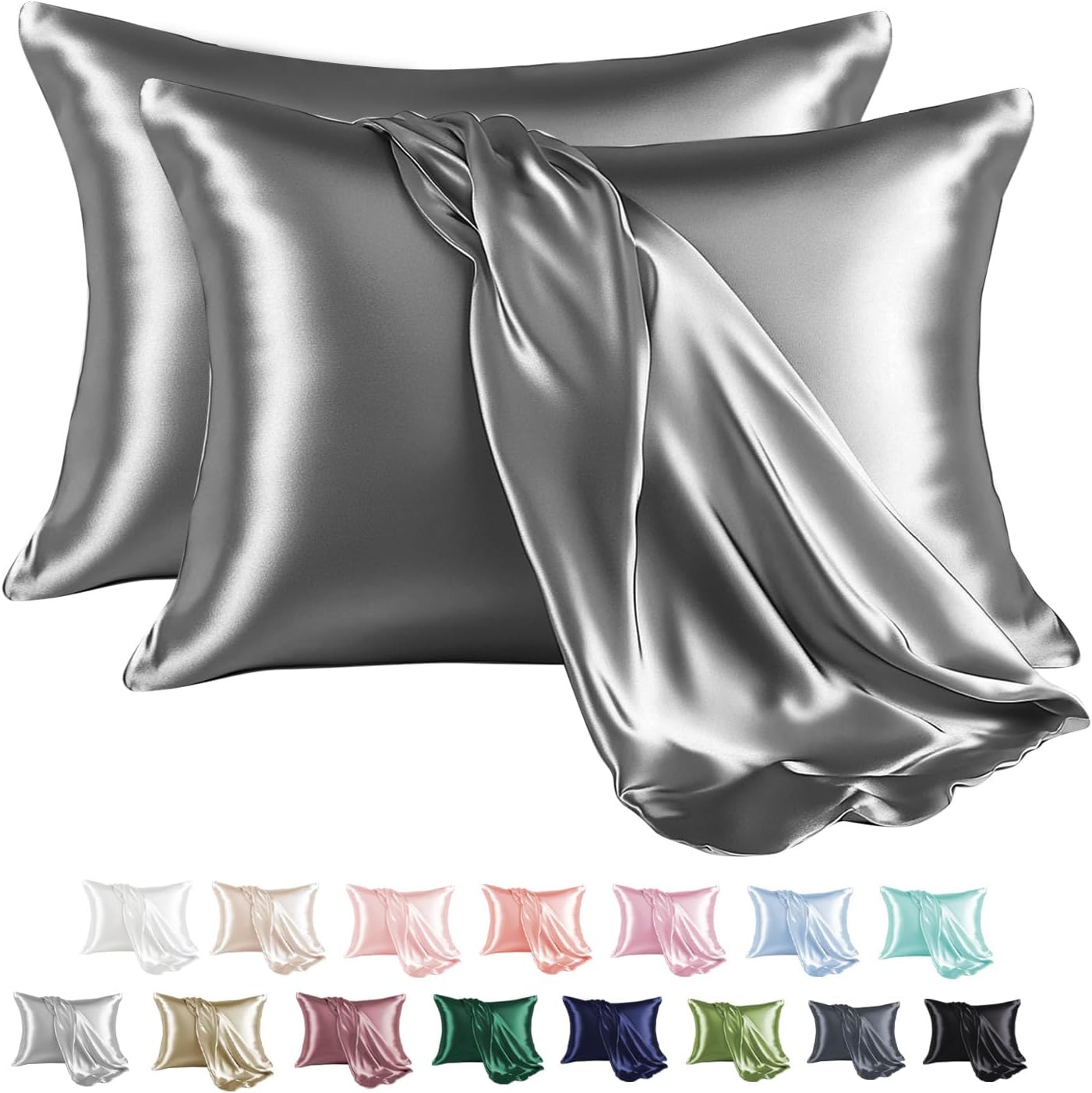 MR&HM Satin Pillowcase for Hair and Skin, Silk Satin Pillowcase 2 Pack, Standard Size Pillow Cases Set of 2, Silky Pillow Cover with Envelope Closure (20x26, Dark Grey)