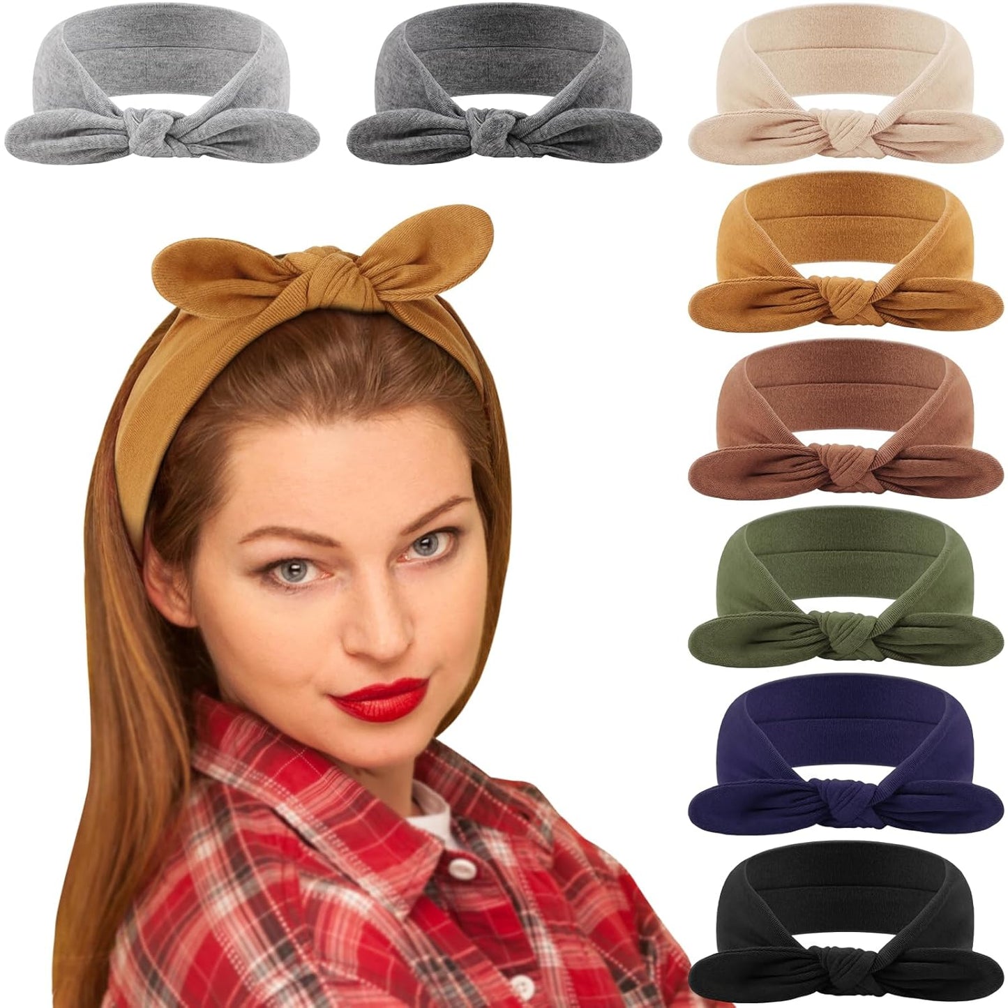 DRESHOW 8 Pack Bow Headbands for Women Girls Elastic Headwraps Knotted Headband Rabbit Ears Turban Non-Slip Sport Cute Hair Accessories