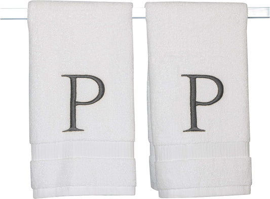 Dark Gray Monogrammed Hand Towel for Bathroom - Initial Hotel Quality Decorative Embroidered Luxury Towel for Powder Room, Spa - GOTS Organic Certified - Set of 2 Letter P