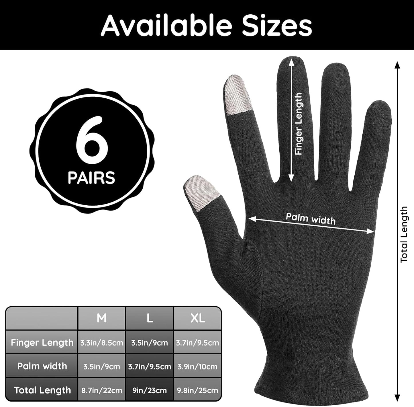 Segbeauty 12 Counts Touchscreen Gel Cotton Gloves Black with Elastic Band, 6 Pair Touch Screen Hand Moisturizing Cotton Gloves for Dry Hands Sleeping Overnignt, Reusable Hand Care Moisture Sleep Glove